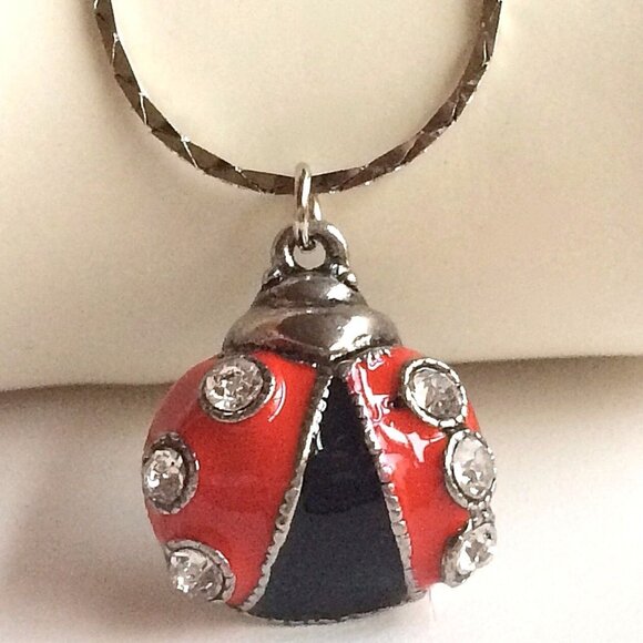 Ladybug Necklace Charm Pendant Red Enamel Crystal Silver Plated Insect 20" Chain - Picture 1 of 12